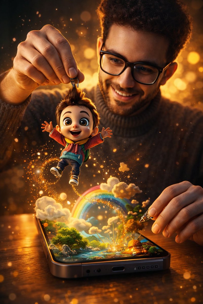 Surreal Cinematic Scene: Man Emerging from Phone with Tiny Cartoon Boy AI image template preview