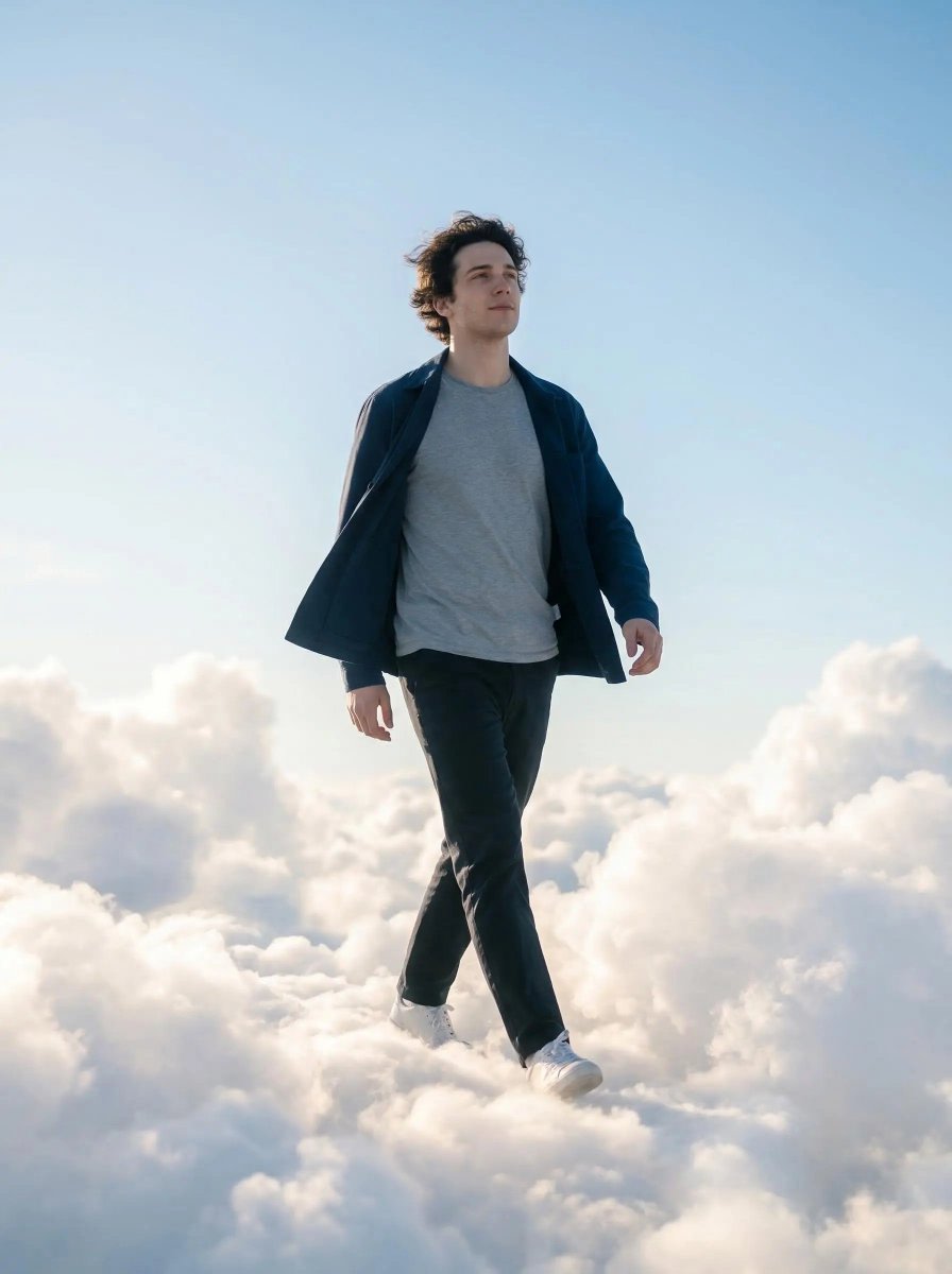 Dreamy Cinematic Cloud Walk Prompt for Nano Banana 2 AI image template preview