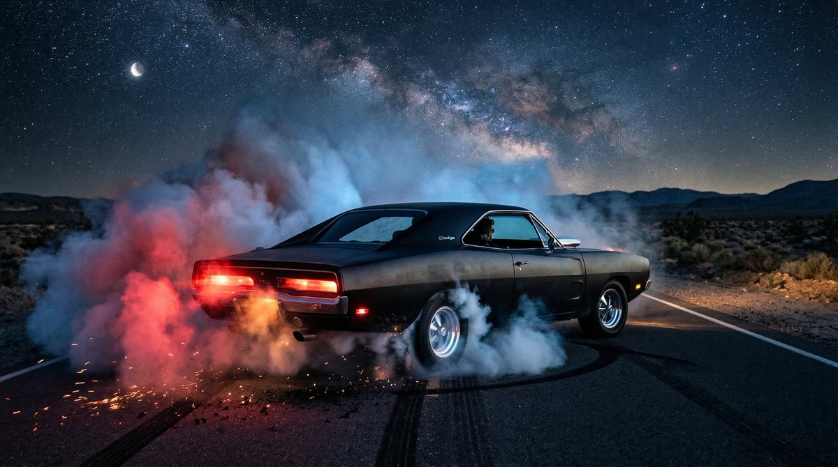 1970 Dodge Charger Burnout Prompt for Nano Banana 2 AI image template preview