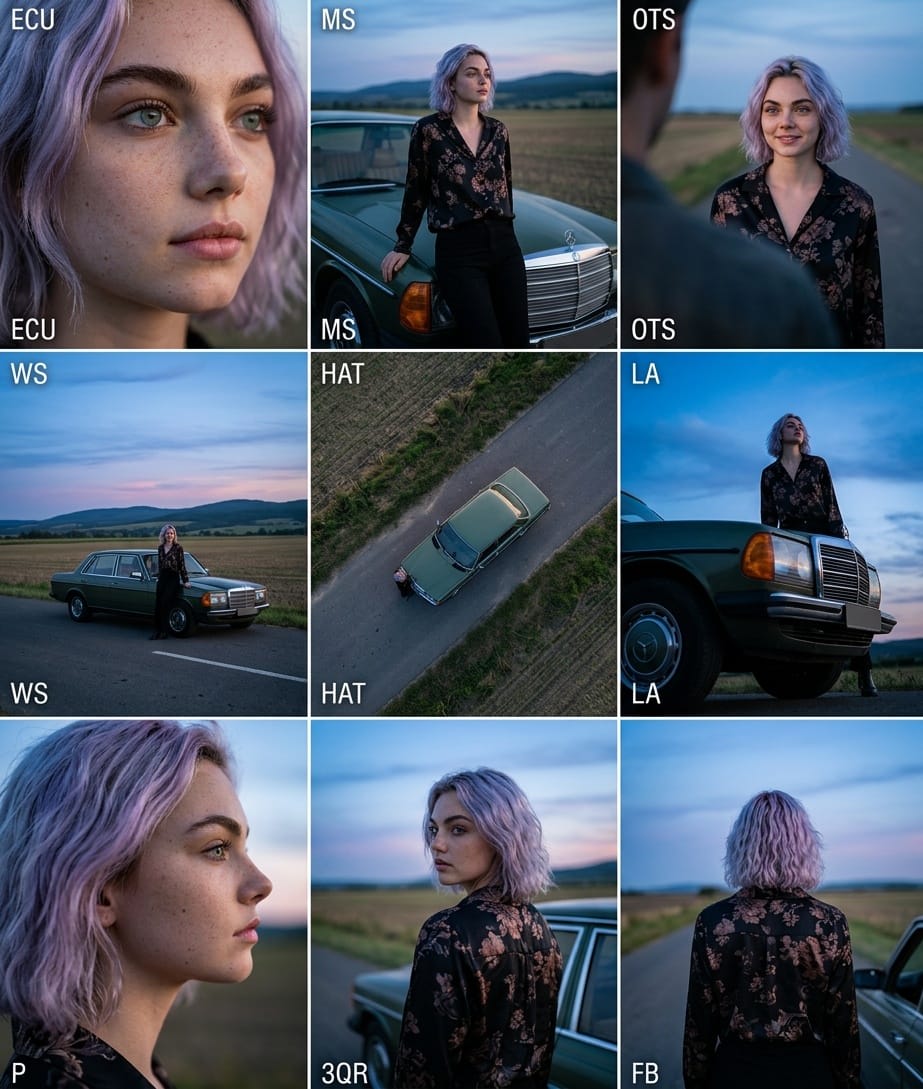 Cinematic 3x3 Grid Camera Angle Prompt AI image template preview