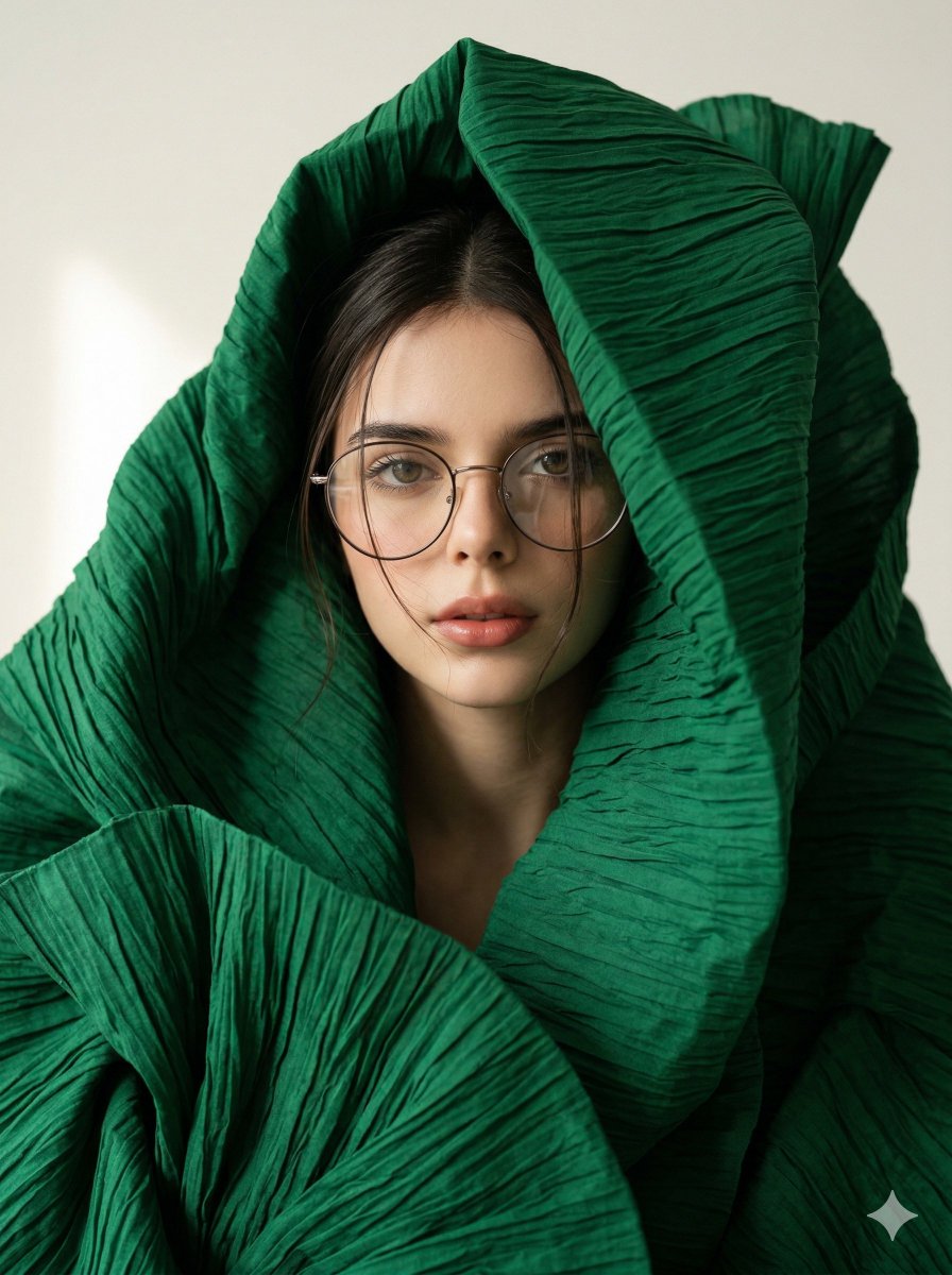 Avant-Garde Sculptural Fabric Portrait AI image template preview