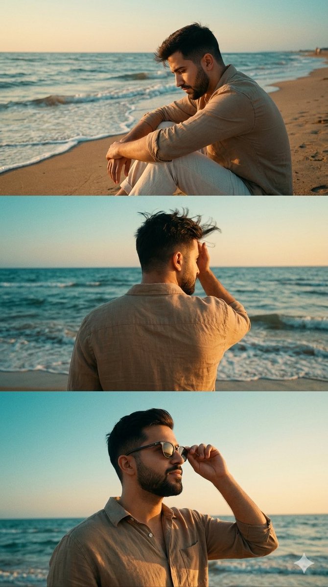 Cinematic Vertical Collage of a Stylish Man at the Beach AI image template preview