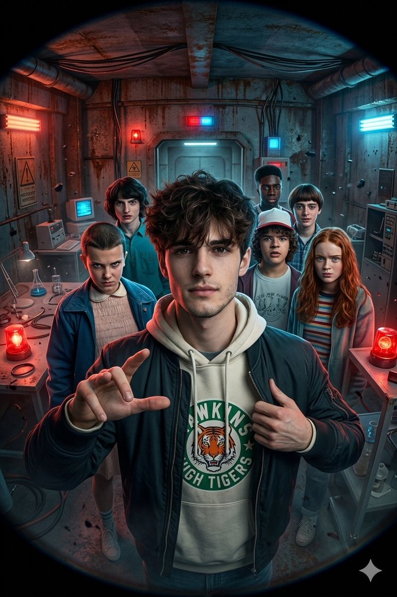 Stranger Things Action Selfie with Fish-Eye Distortion AI image template preview
