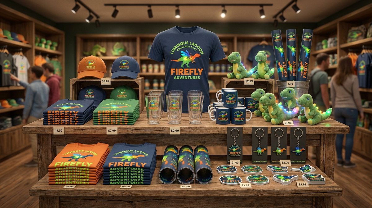 Dinosaur Park Gift Shop Merchandise Display AI image template preview
