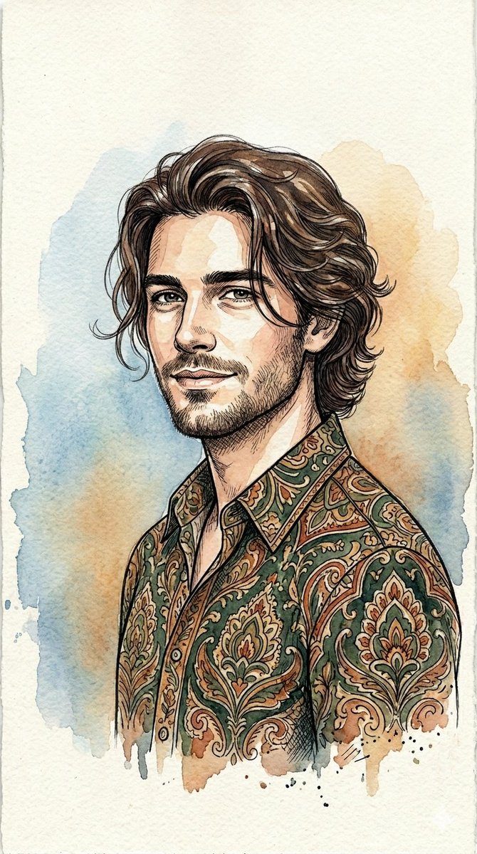Watercolor and Ink Line Art Portrait AI image template preview