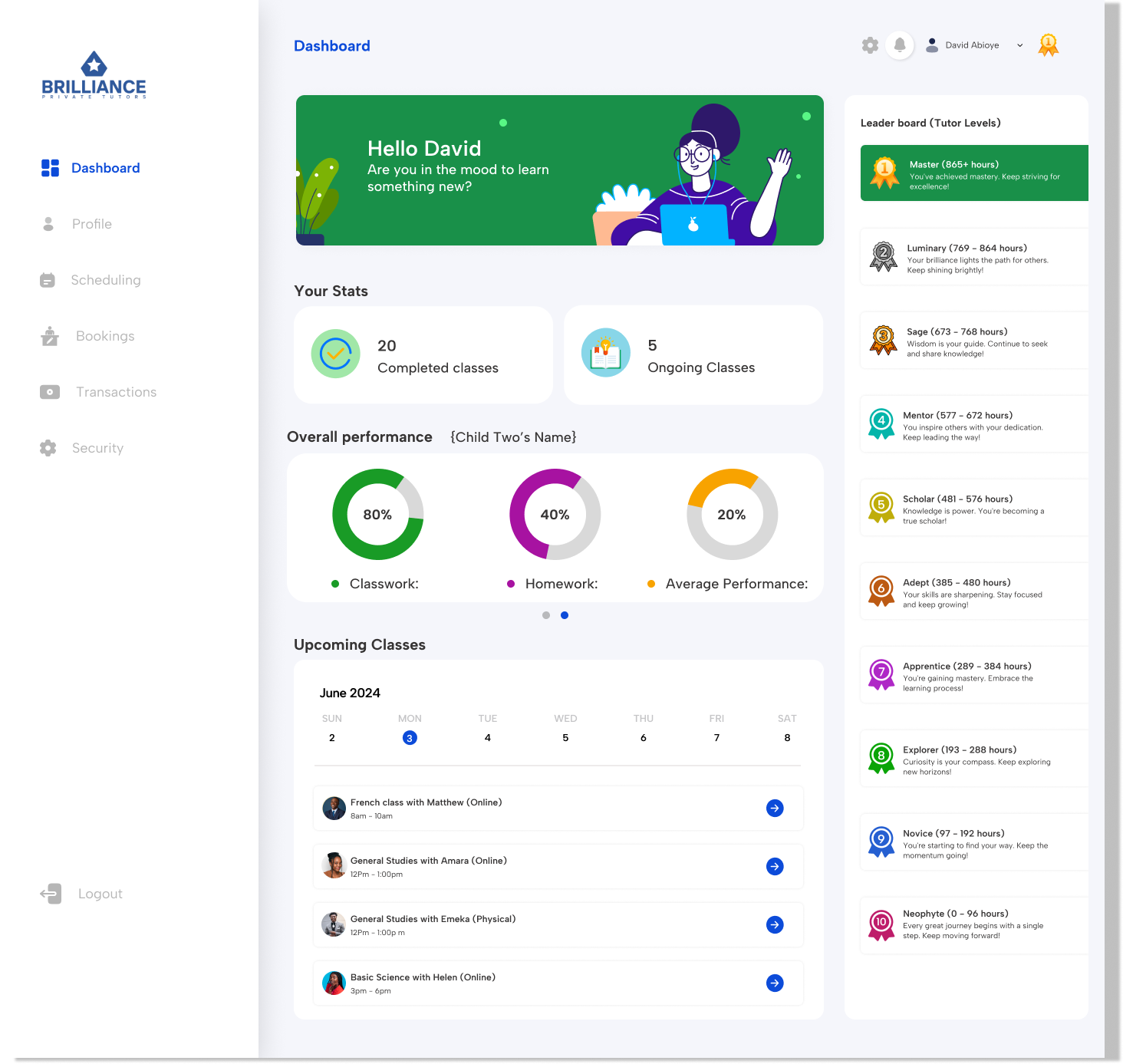 Student progress dashboard