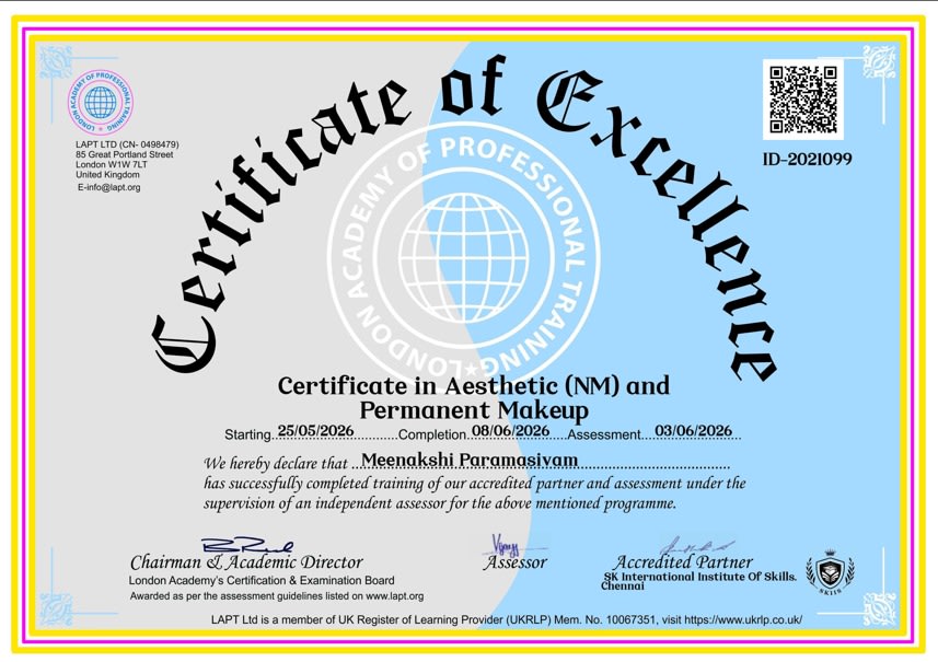 Professional beauty certification awarded to Saghas Bridal Makeup Aesthetic