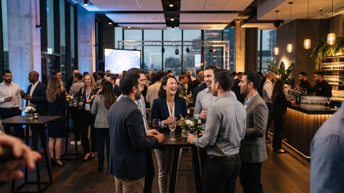 Colleagues talking and laughing at a networking reception with a bar and a presentation screen behind them