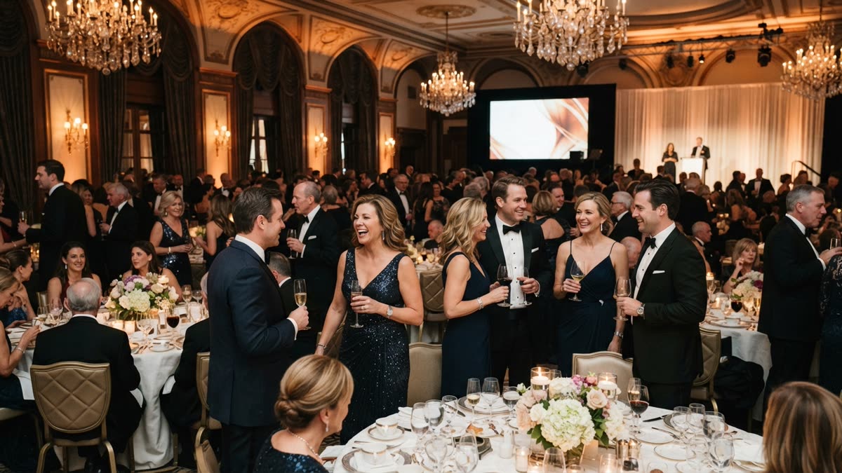 Guests in formal wear mingling at a gala dinner under chandeliers with a speaker on stage