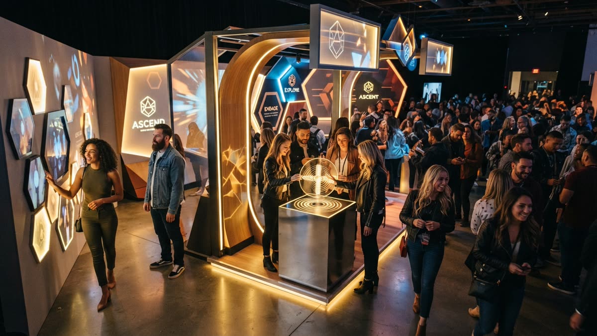 Visitors exploring a lit brand activation booth with illuminated panels in a dark exhibition hall