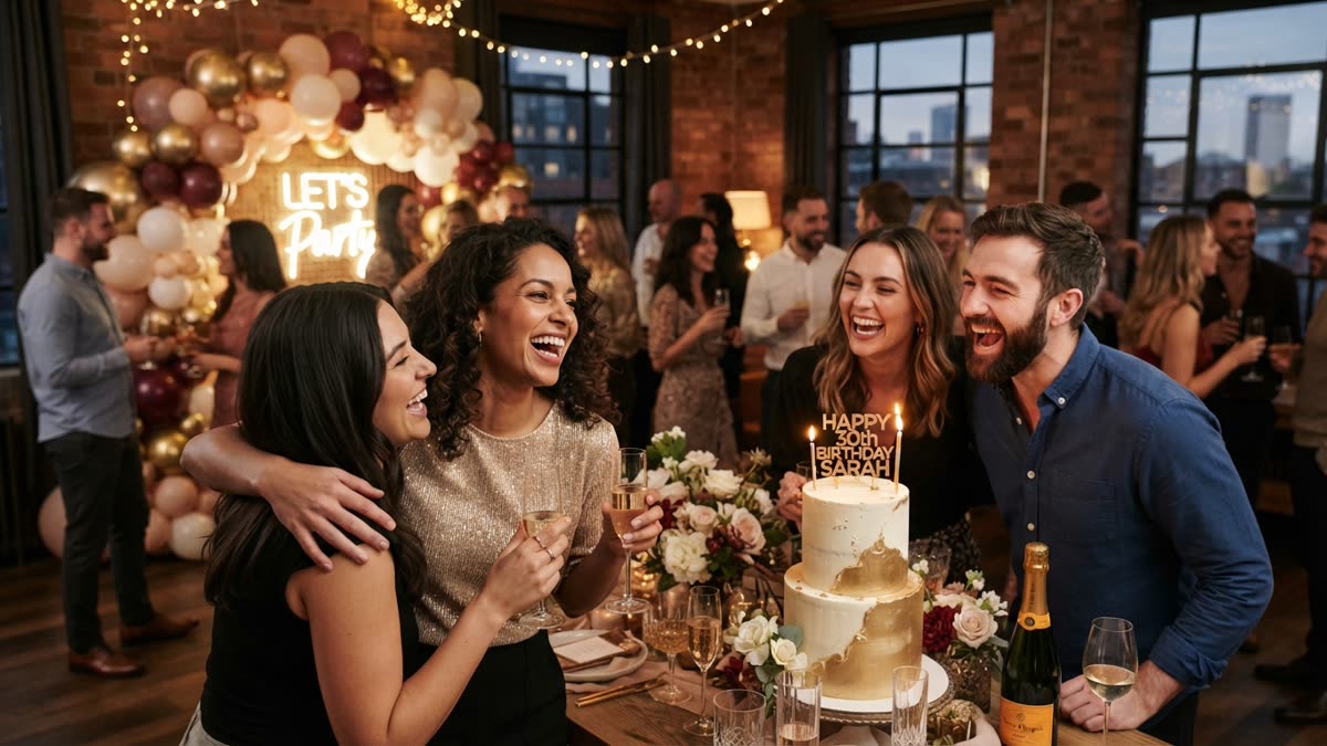Friends laughing around a birthday cake in a loft with a balloon arch and a neon sign