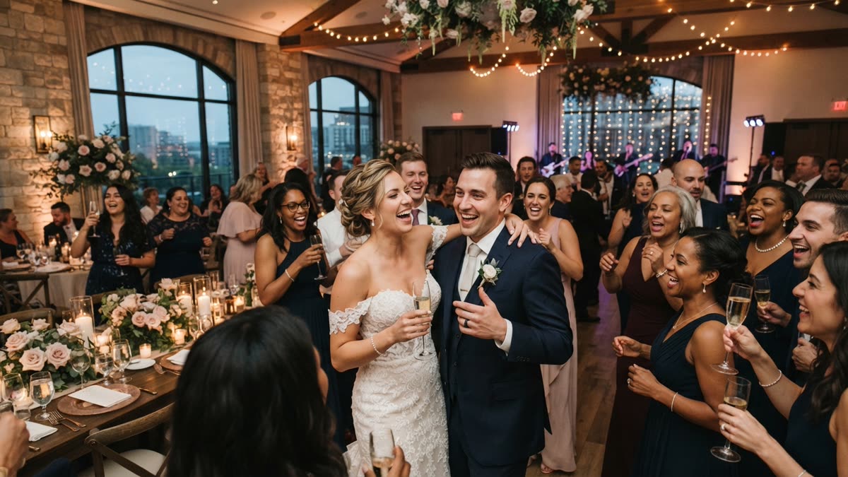 A bride and groom laughing with guests holding champagne in a candlelit reception hall with string lights and a live band behind them
