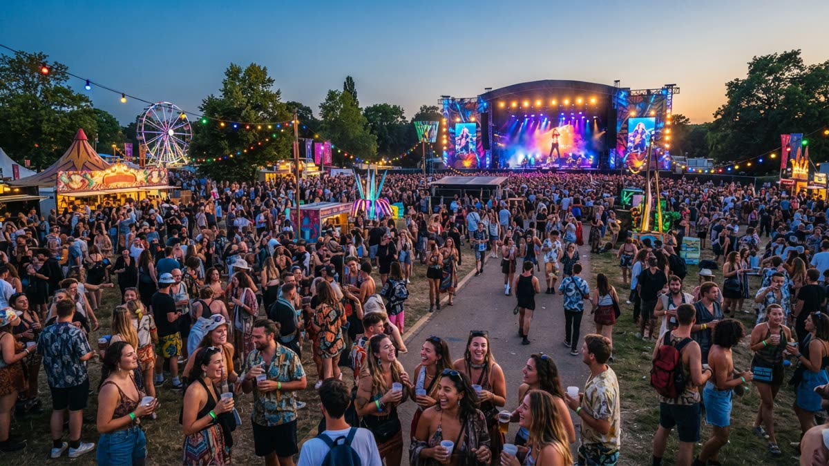 A crowd at an outdoor festival at dusk with a lit main stage and a ferris wheel in the background
