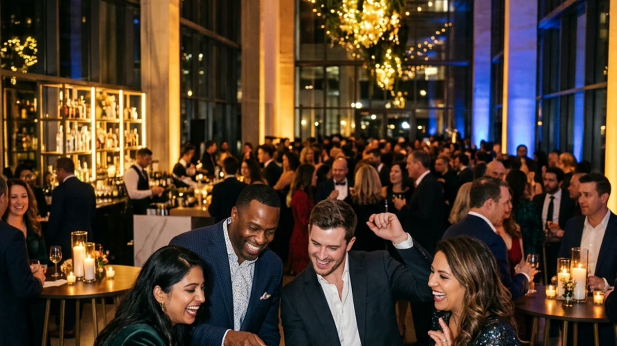 Coworkers laughing and dancing while watching a phone at a crowded evening company party