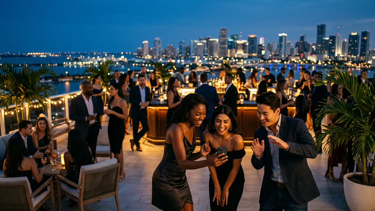 Guests laughing at their phones at an evening rooftop party overlooking a lit city waterfront