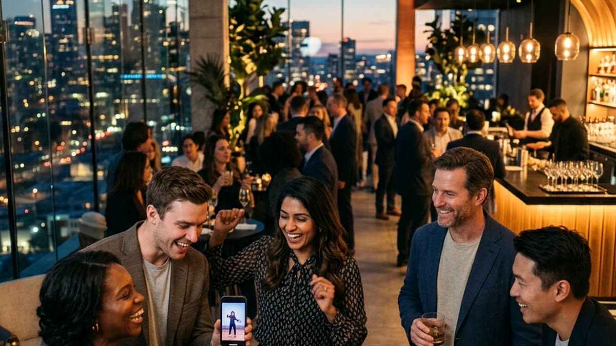 Colleagues gathered around a high table looking at a phone at a rooftop reception with a city skyline at dusk