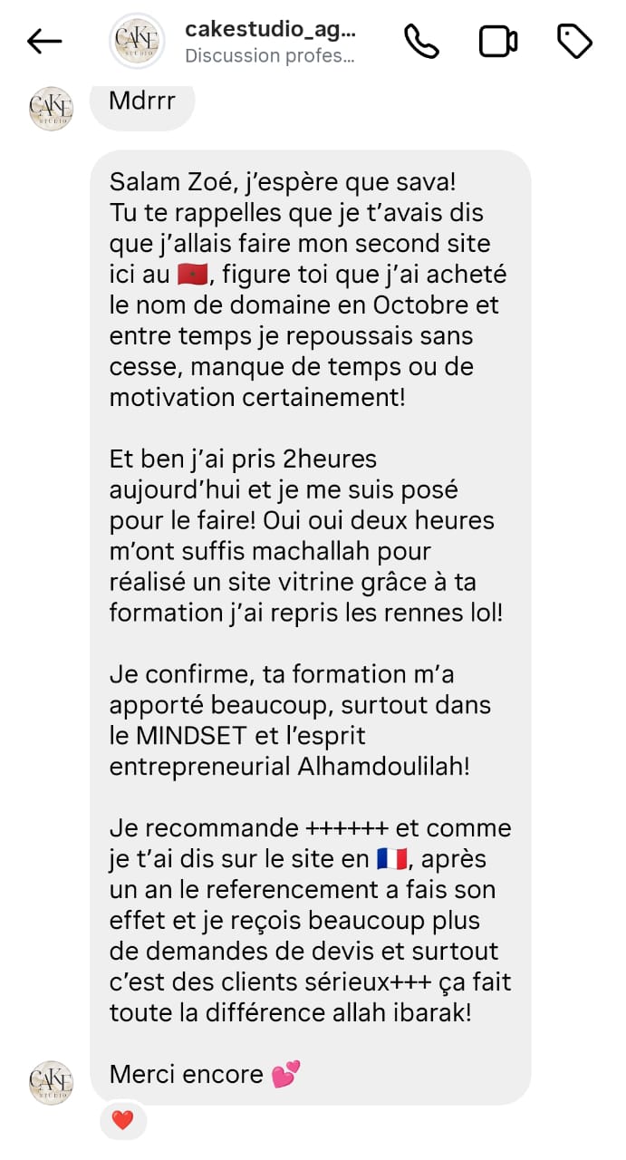Message de Cake Studio, élève Fais Ton Buiz, partageant son retour sur la formation et ses résultats SEO après un an.