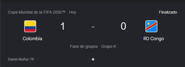 Colombia 1-0 a la Rep. Dem. del Congo y lidera el Grupo K con pleno de victorias