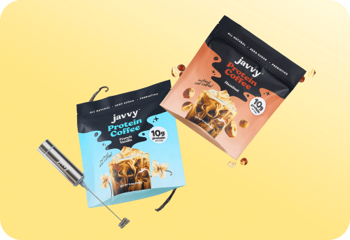 A protein shake and Javvy's Protein Coffee on the back.