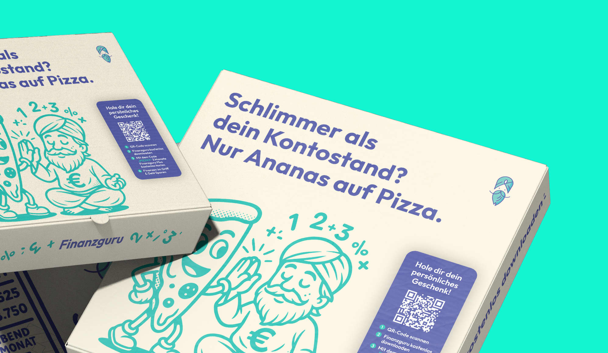 A close-up of several pizza boxes can be seen. These are printed with colorful elements, including a comic-style graphic showing a slice of pizza and a smartphone.