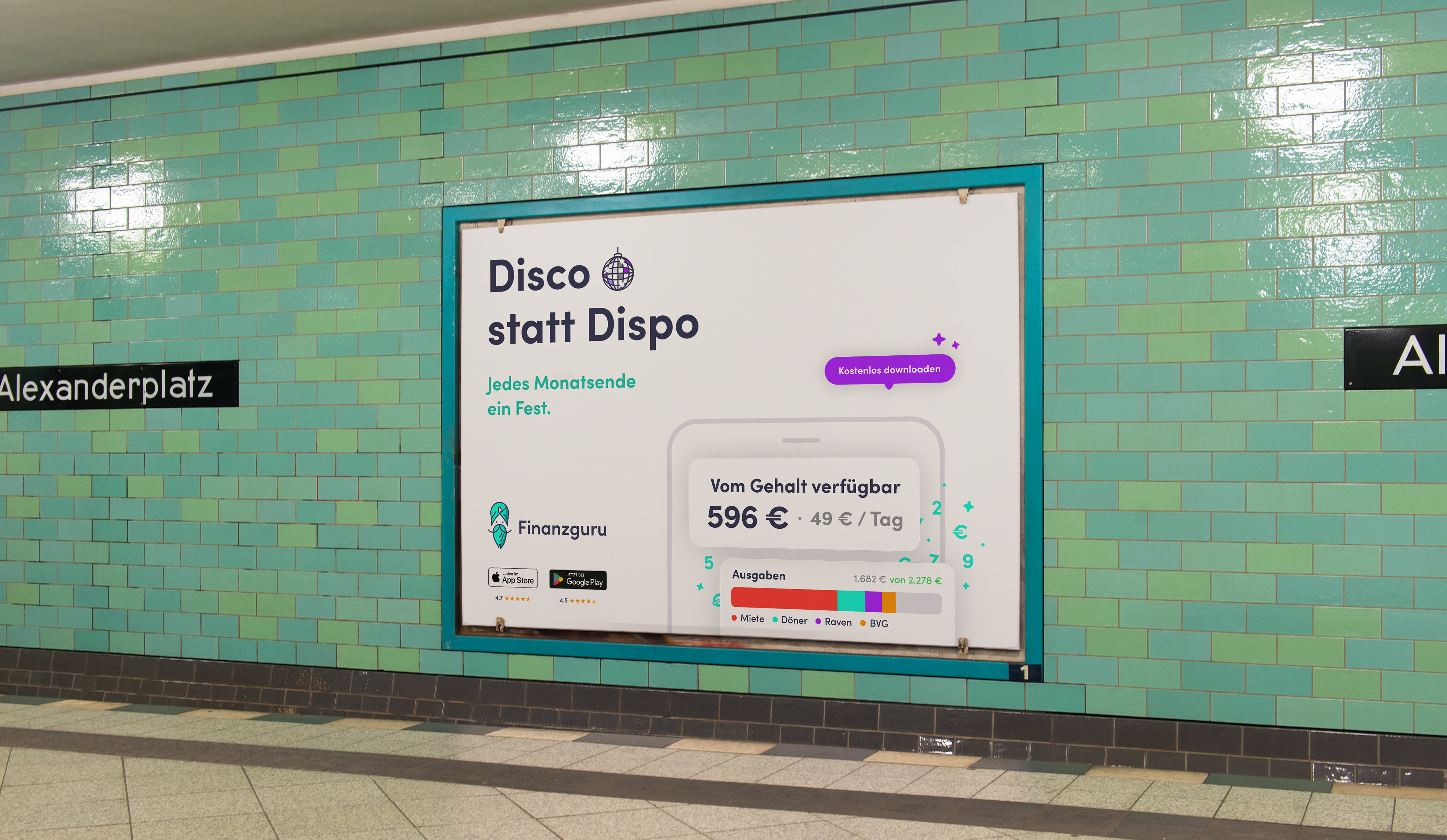 In the Alexanderplatz subway station in Berlin, there is a large poster on the wall behind the train tracks. The poster shows an advertisement for the company Finanzguru. Humor and visual effects are used to draw attention to the relevance of finance.