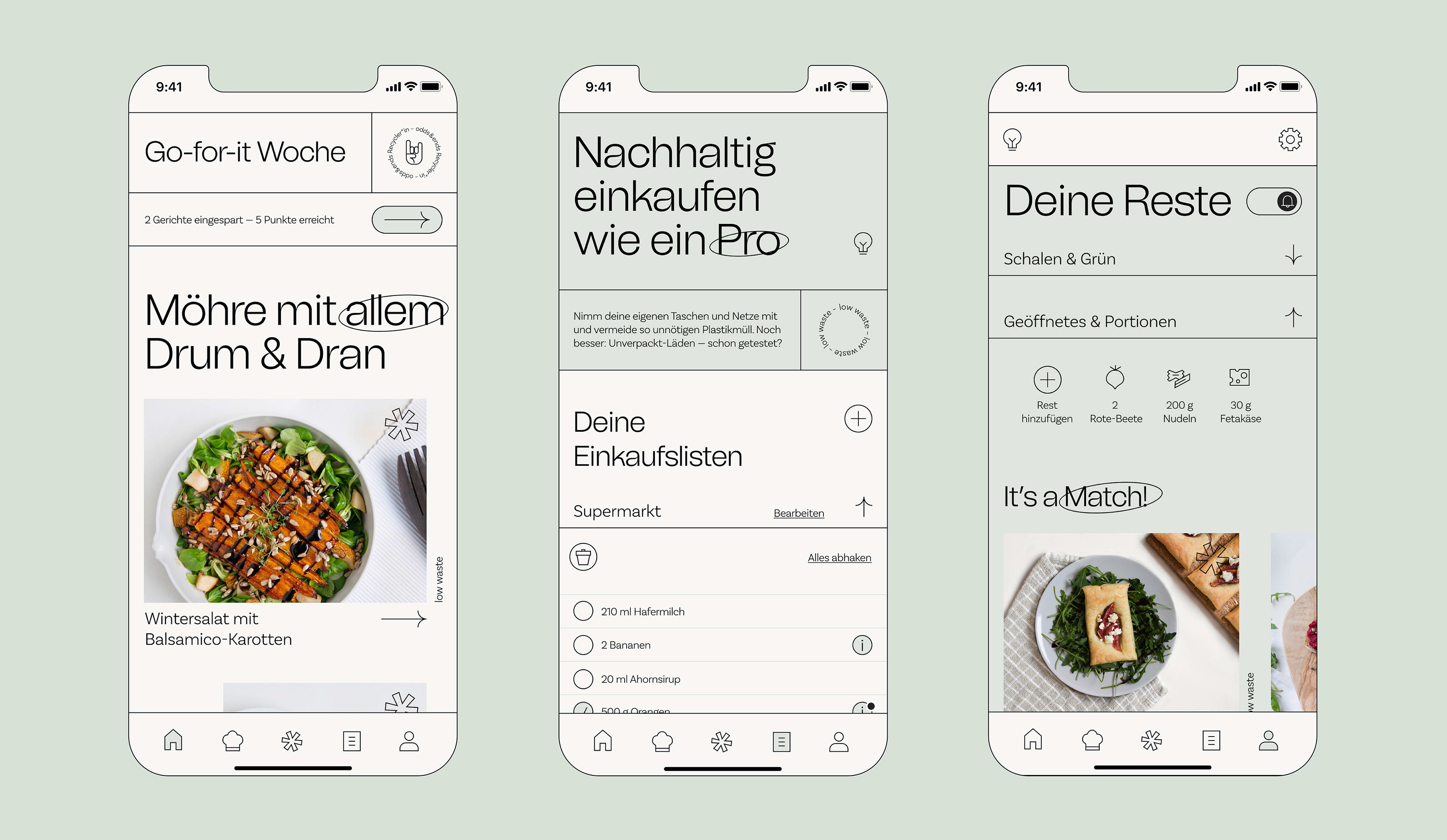 Drei verschiedene Screens der App odds & ends sind nebeneinander zu sehen. Sie zeigen Rezepte, die Einkaufsliste und den Restevorrat. Das Design ist leicht und frisch aber dennoch strukturiert und standfest.