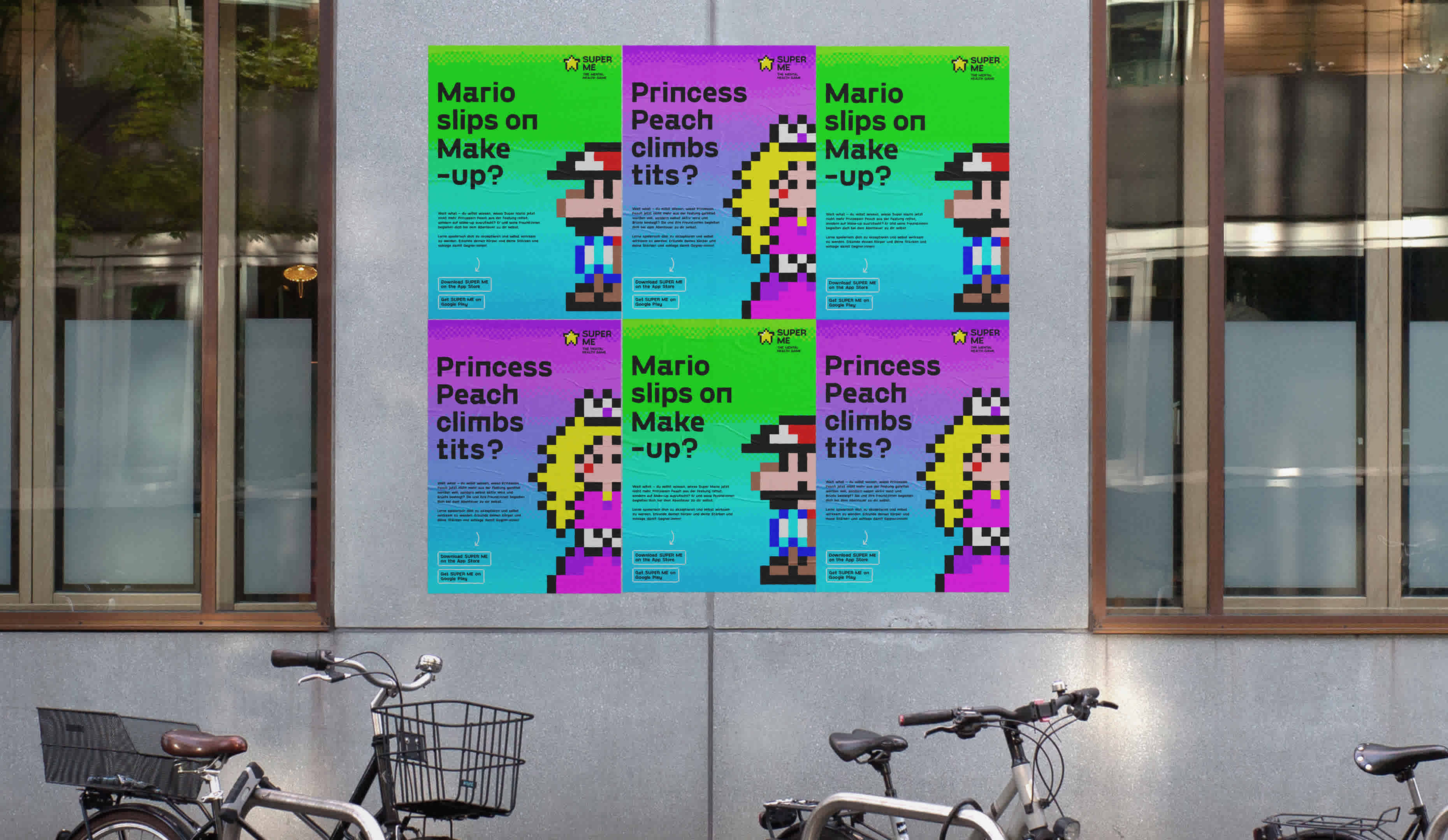 Several posters can be seen on one wall. Bicycles can be seen in front of them and a lively environment can be guessed. The posters are colorful and come from the Super Me campaign.