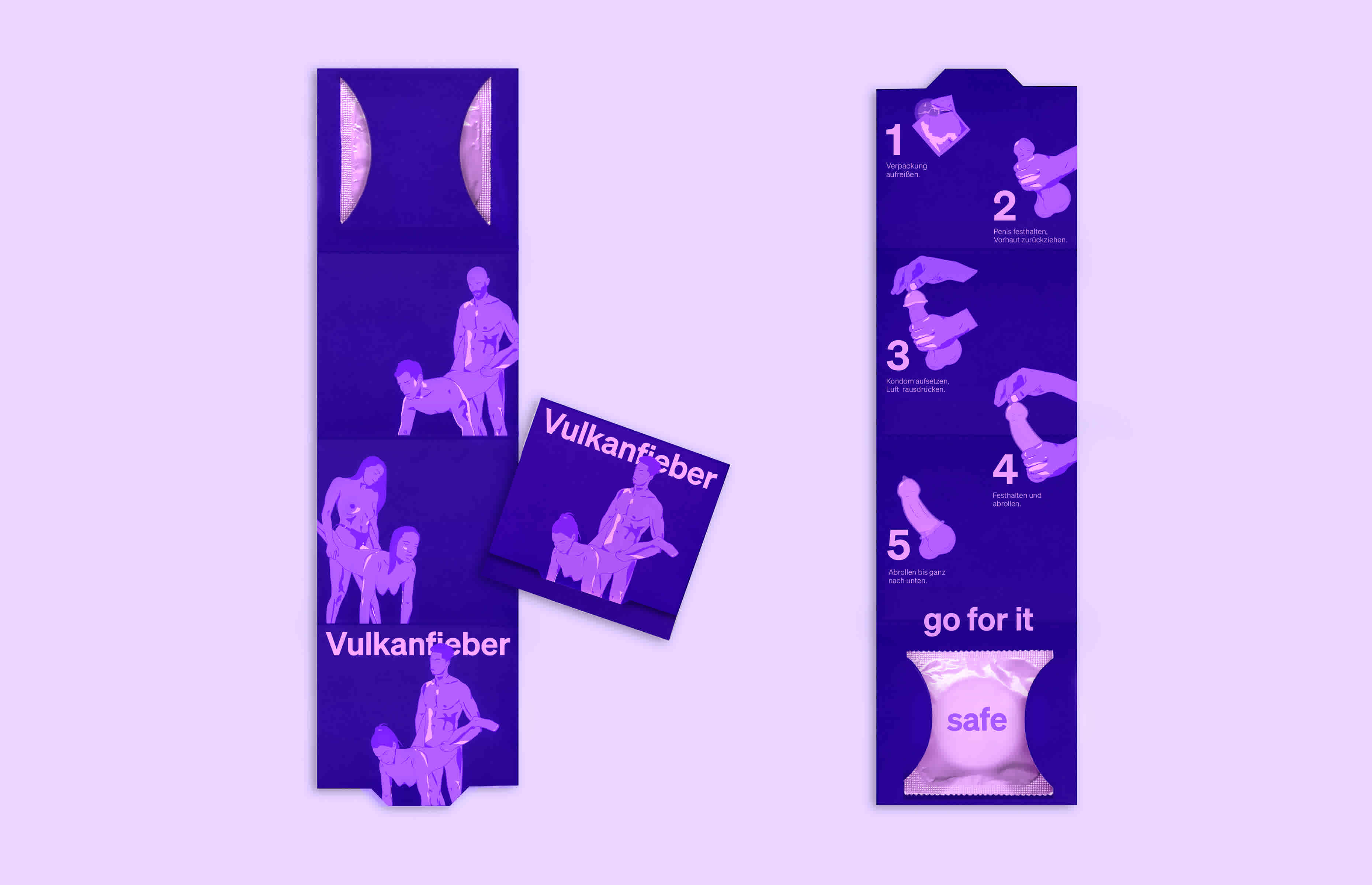 Das Design der Verpackung eines Kondoms ist auf der Vorder- und Rückseite zu sehen. Sie zeigt den Namen Vulkanfieber und verschiedene Sexstellungen in leuchtenden Farben.