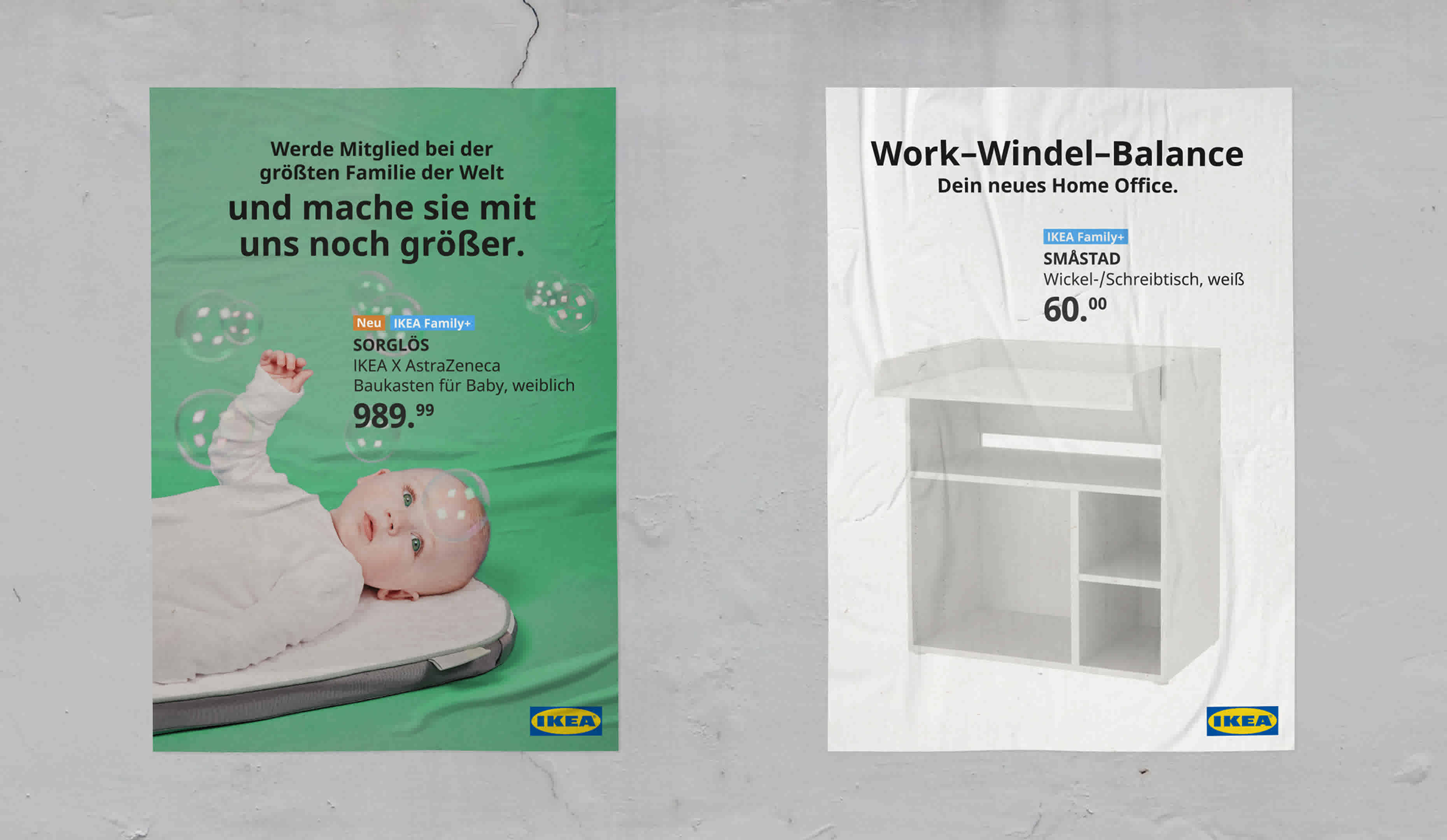 Two different posters are displayed on a gray stone wall. They are both from IKEA and show the product SORGLÖS, the designer baby, and SMASTAD, the changing table/desk.