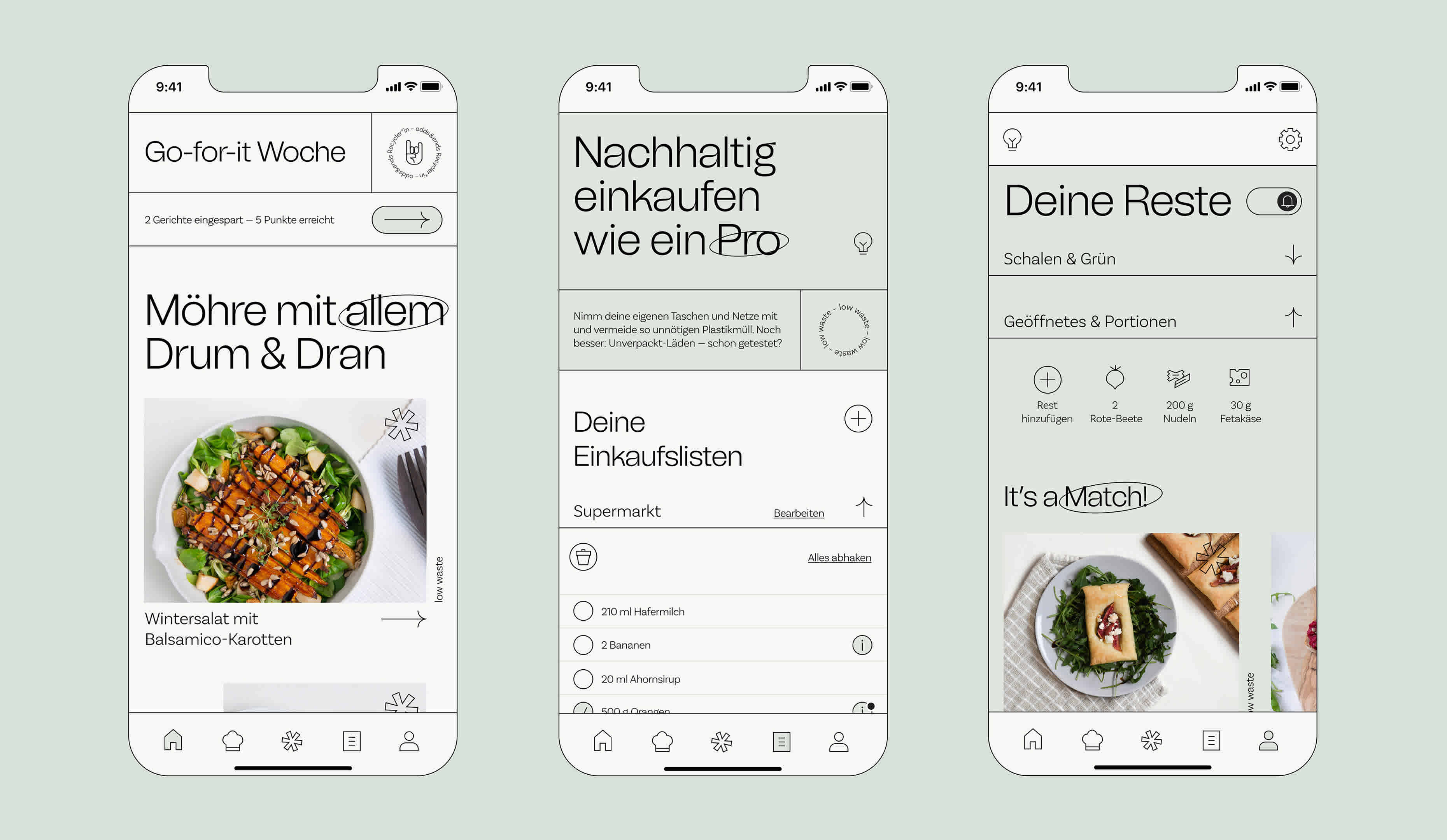 Drei verschiedene Screens der App odds & ends sind nebeneinander zu sehen. Sie zeigen Rezepte, die Einkaufsliste und den Restevorrat. Das Design ist leicht und frisch aber dennoch strukturiert und standfest.