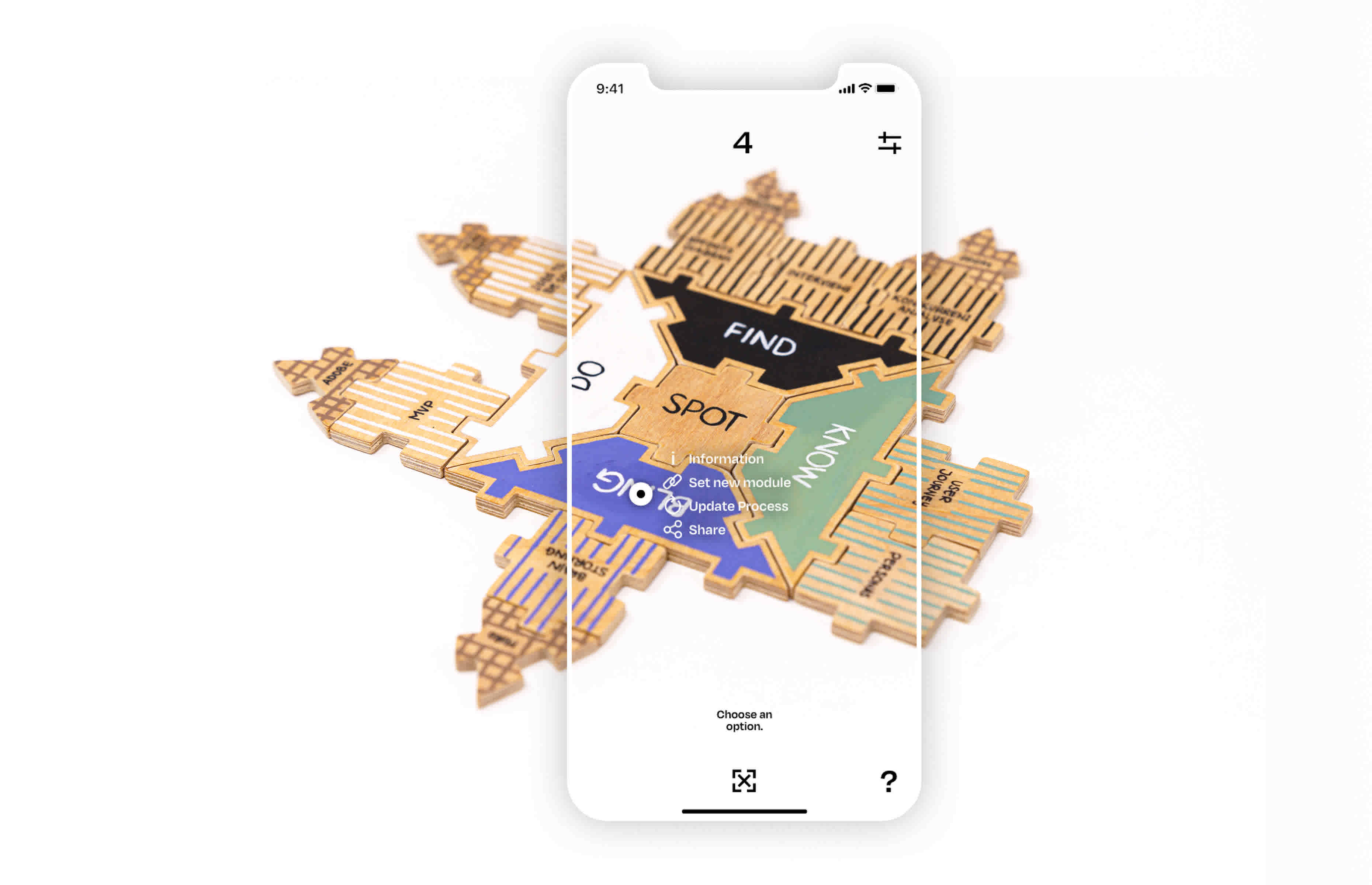 The app for the cre4te puzzle has a simple design and works via camera recognition. This allows various actions to be performed and the team to stay up to date.