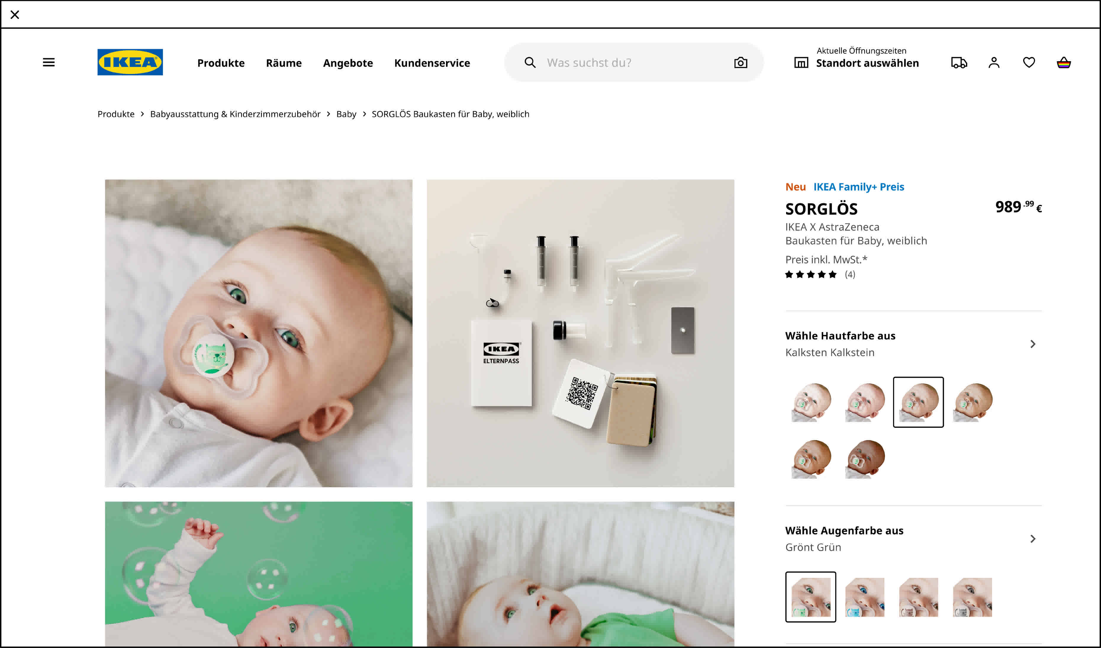 Es ist die Website des IKEA Produkts SORGLÖS zu sehen. Das Produkt ist ein Designerbaby, bei welchem Hautfarbe, Augenfarbe und weiteres mehr ausgewählt werden kann.