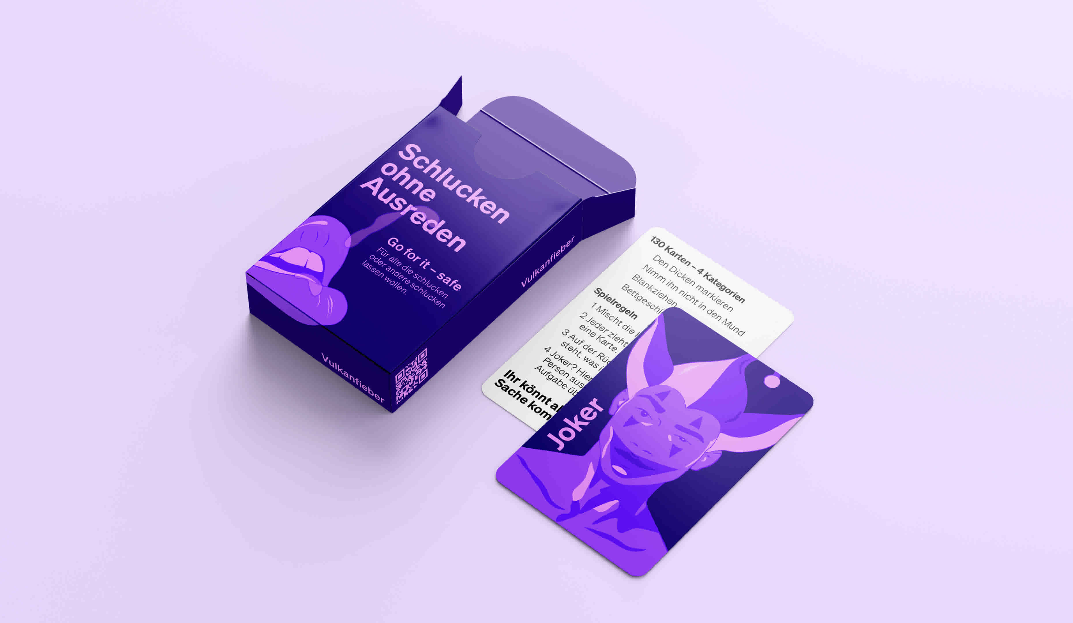 Auf einem Boden liegt die Verpackung und einige Karten des Trinkspiels von Vulkanfieber. Das Spiel Schlucken ohne Ausreden macht Spaß und ist gleichzeitig informativ und aufklärend.