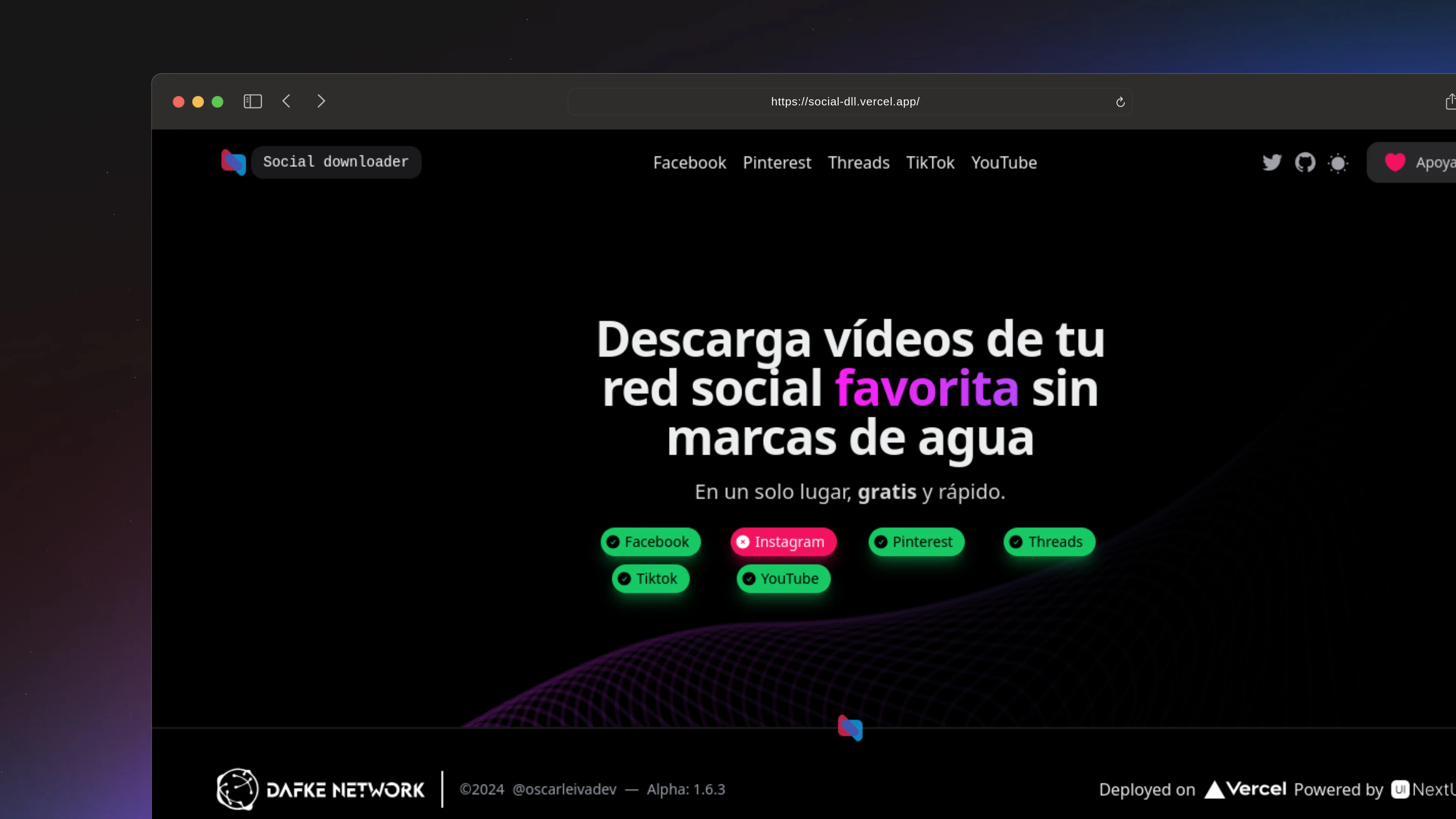 Captura de pantalla del proyecto Social downloader