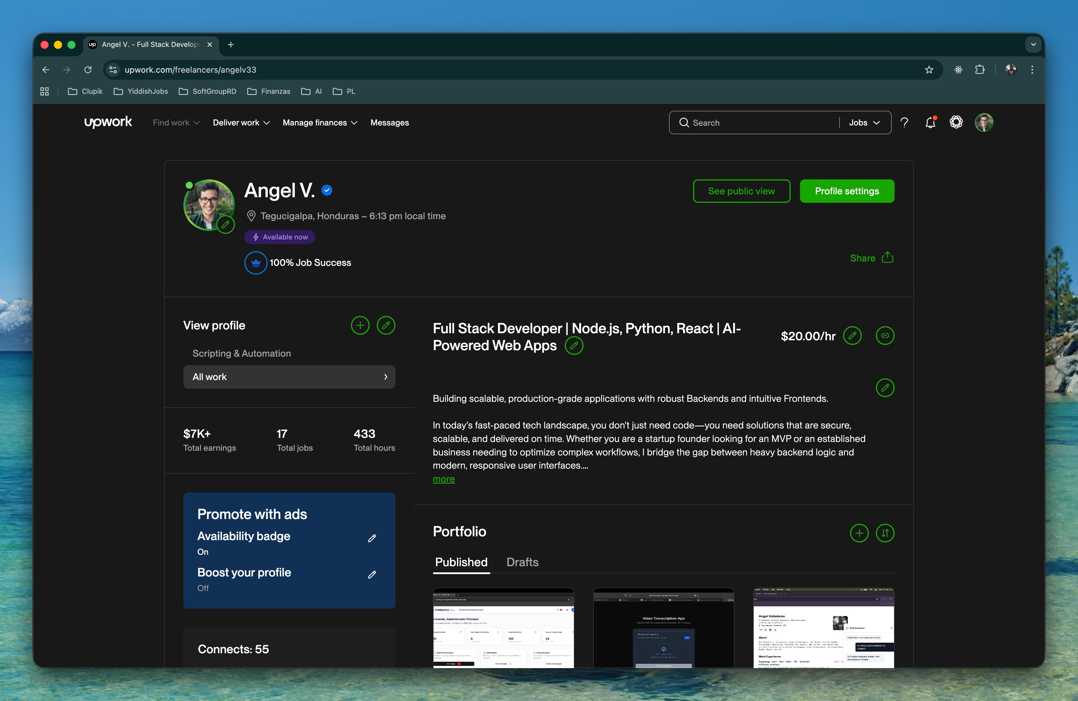 Upwork profile showing $7K+ earnings, 17 jobs completed, 433 hours worked, 100% Job Success, and Top Rated badge