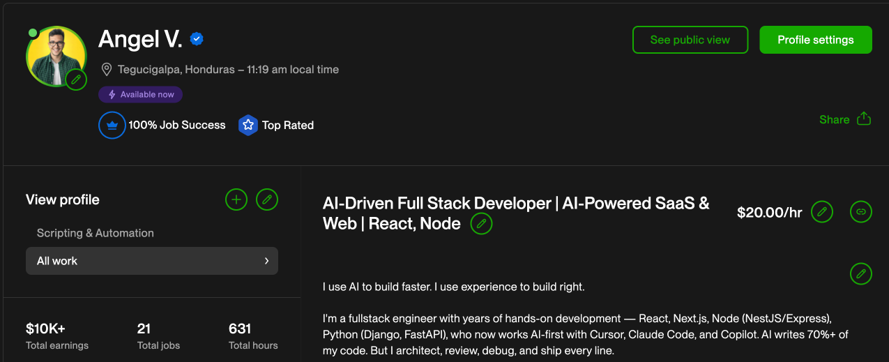 Angel Valladares Upwork Profile