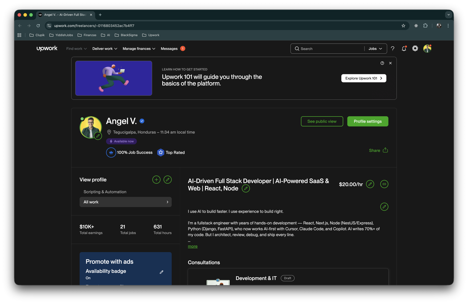 Upwork profile showing $7K+ earnings, 17 jobs completed, 433 hours worked, 100% Job Success, and Top Rated badge