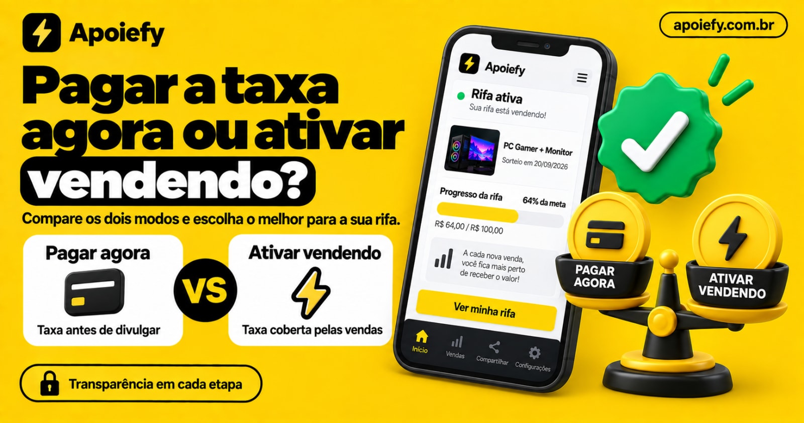 Pagar a taxa agora ou ativar vendendo? Qual modo escolher para a sua rifa