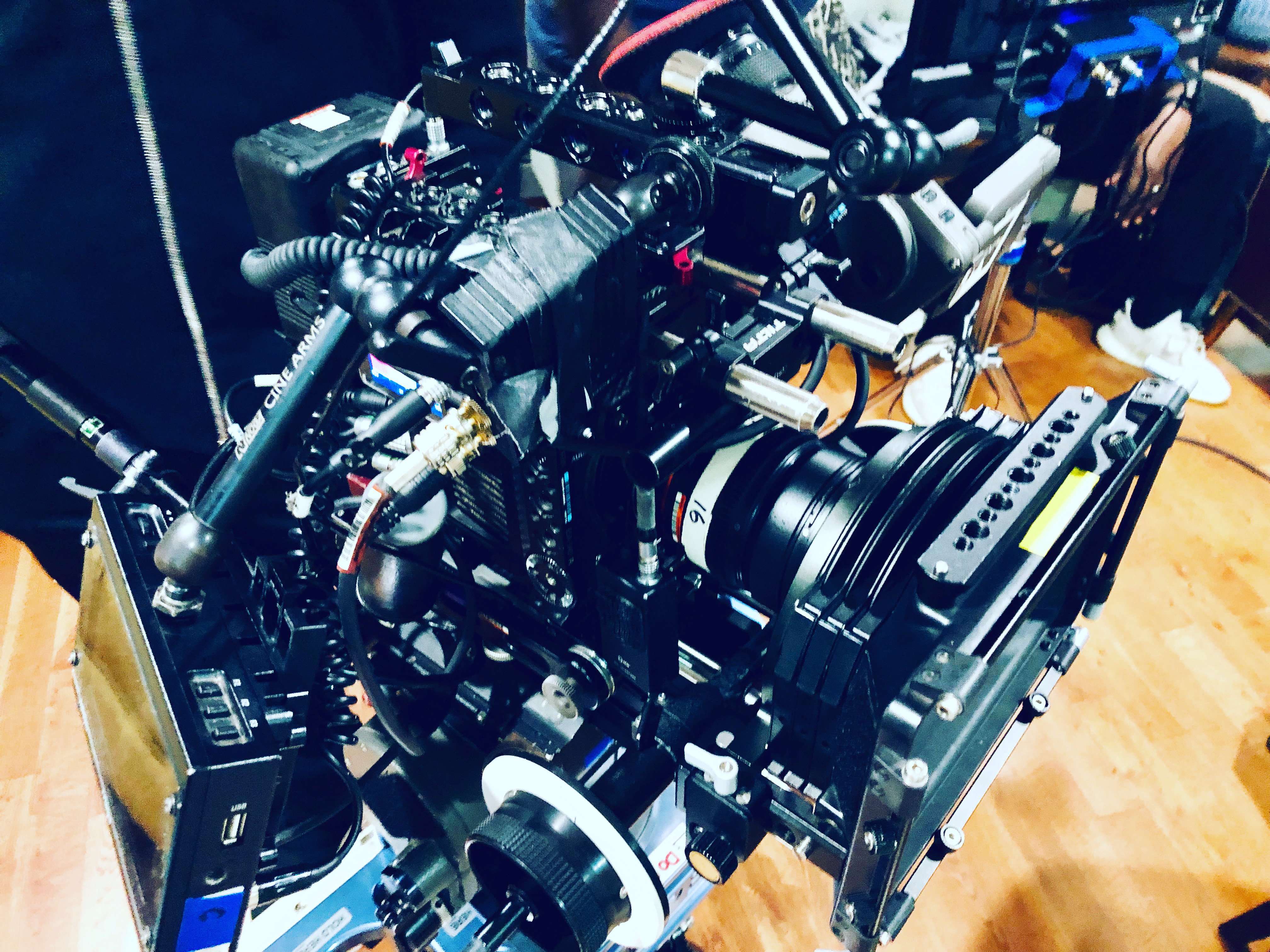 Cinema camera rig closeup on set