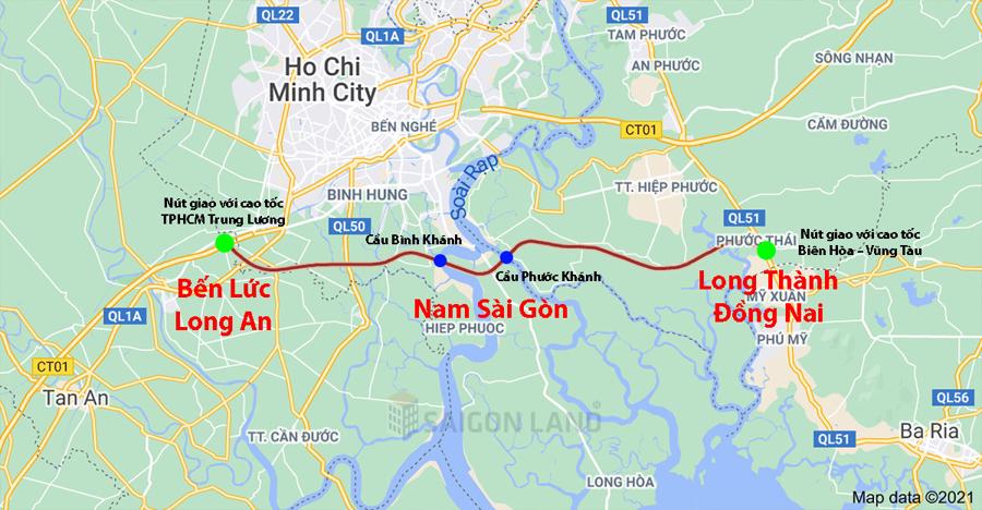 Bản đồ tuyến cao tốc Bến Lức Long Thành qua TP.HCM và Đồng Nai