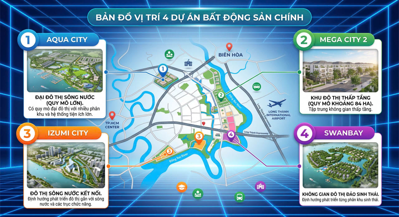 So sánh vị trí các khu đô thị Mega City 2 Aqua City Izumi City và SwanBay