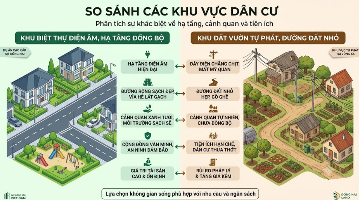 Bảng so sánh ưu điểm đất nền biệt thự Mega City 2 với đất vườn tự phát