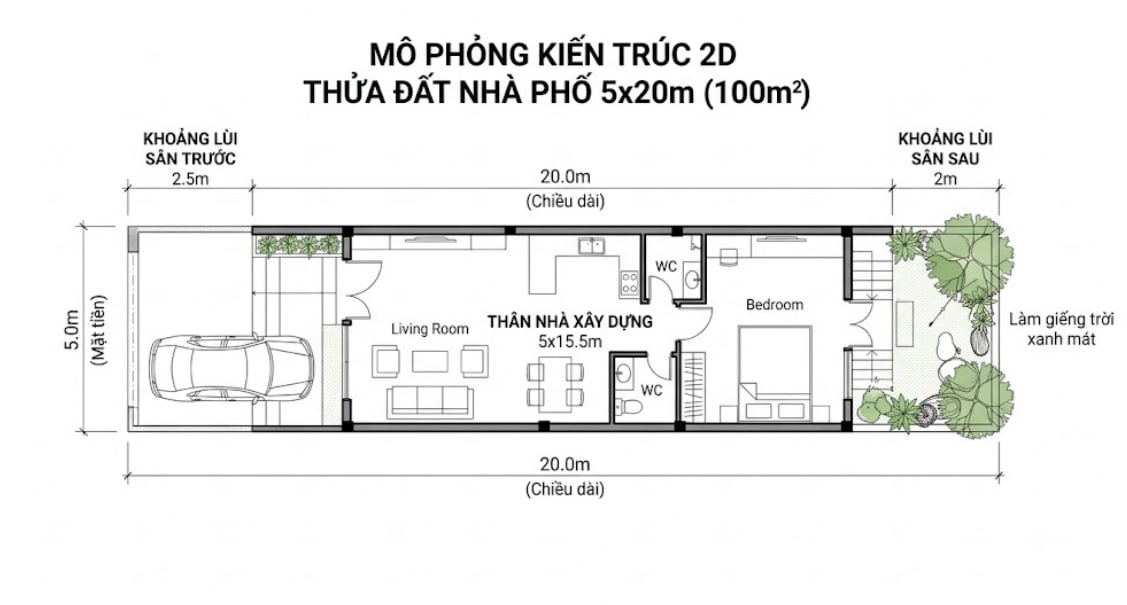 Sơ đồ kích thước và khoảng lùi xây dựng thửa đất 100m2 tại Mega City 2