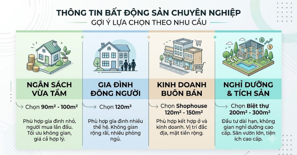 Infographic hướng dẫn chọn diện tích đất nền Mega City 2 theo nhu cầu tài chính