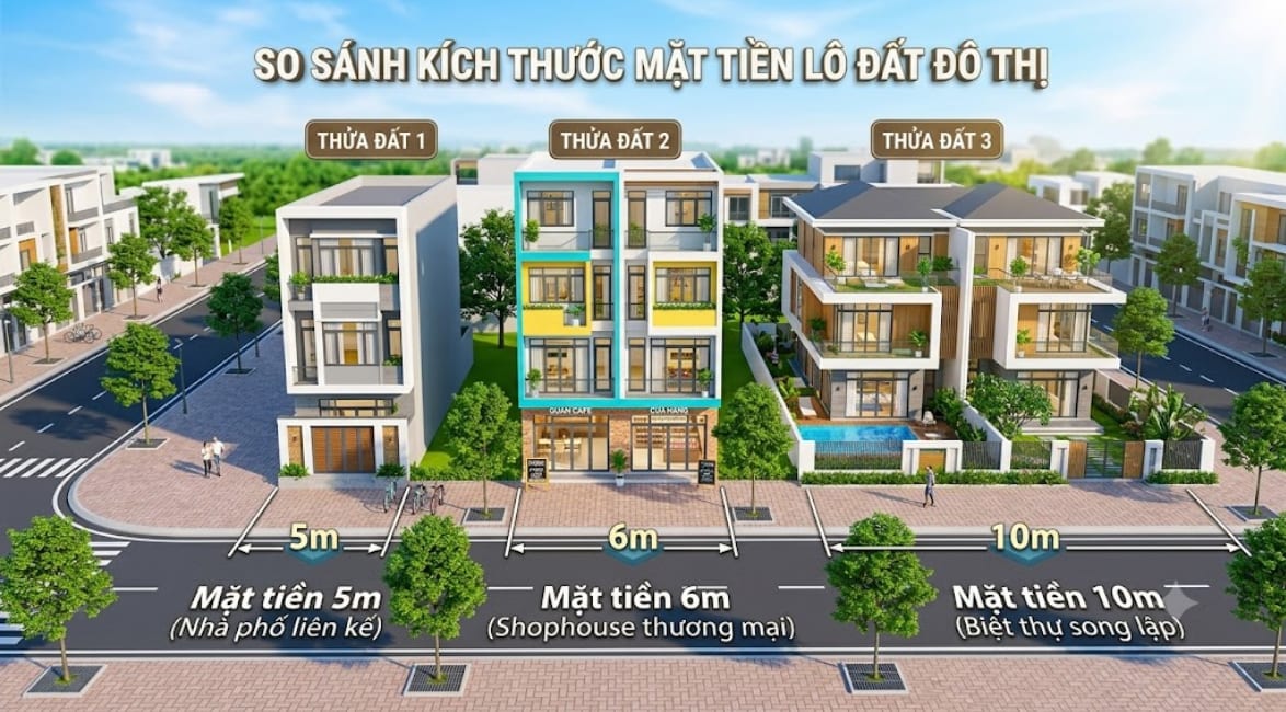 So sánh kích thước mặt tiền 5m, 6m và 10m tại dự án Mega City 2