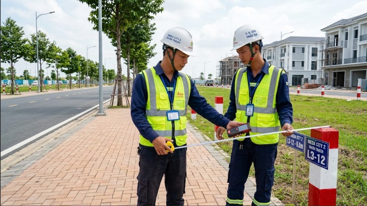 Kỹ sư kiểm tra đo đạc kích thước thực tế lô đất tại Mega City 2 Nhơn Trạch