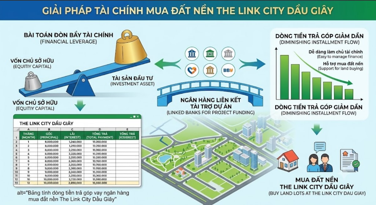 Bảng tính dòng tiền trả góp vay ngân hàng mua đất nền The Link City Dầu Giây