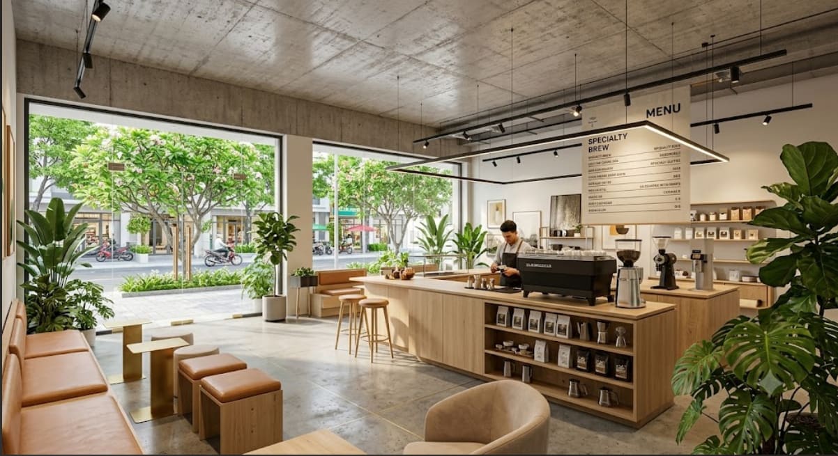 Thiết kế nội thất quán cafe và showroom kinh doanh hiện đại tại tầng trệt shophouse The Link City