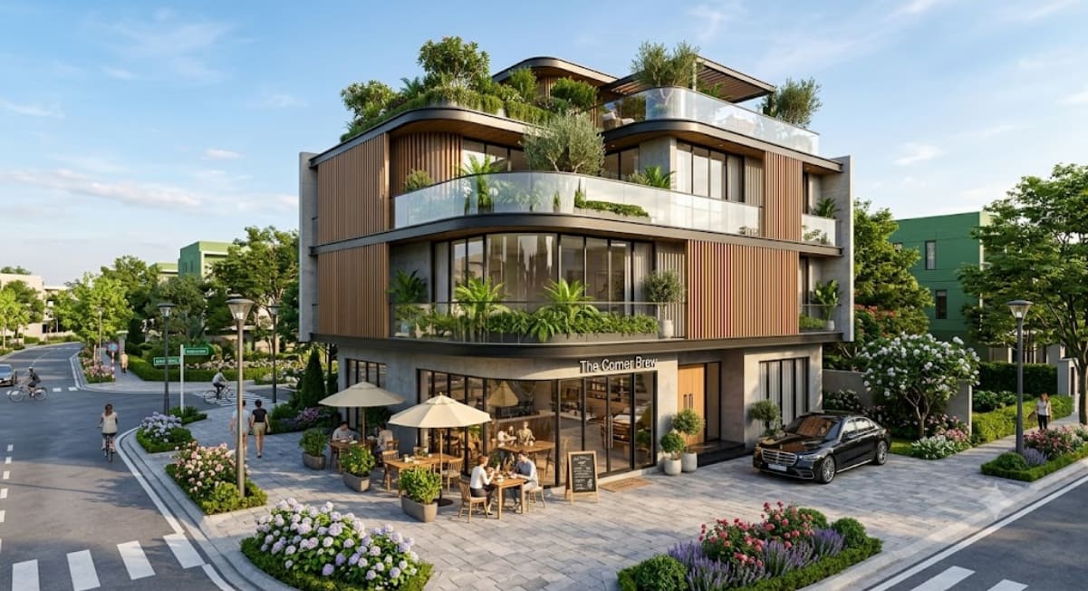 Phối cảnh 3D căn góc 2 mặt tiền hiện đại kết hợp kinh doanh cafe tại The Link City Dầu Giây