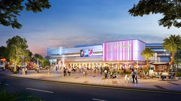 Phối cảnh tuyến phố đi bộ thương mại sầm uất rực rỡ ánh đèn tại The Link City Dầu Giây